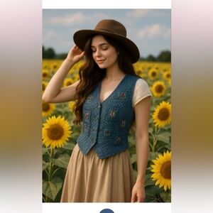 Tantrum Blues Vintage Embroidered Denim Cotton Vest Women Size L